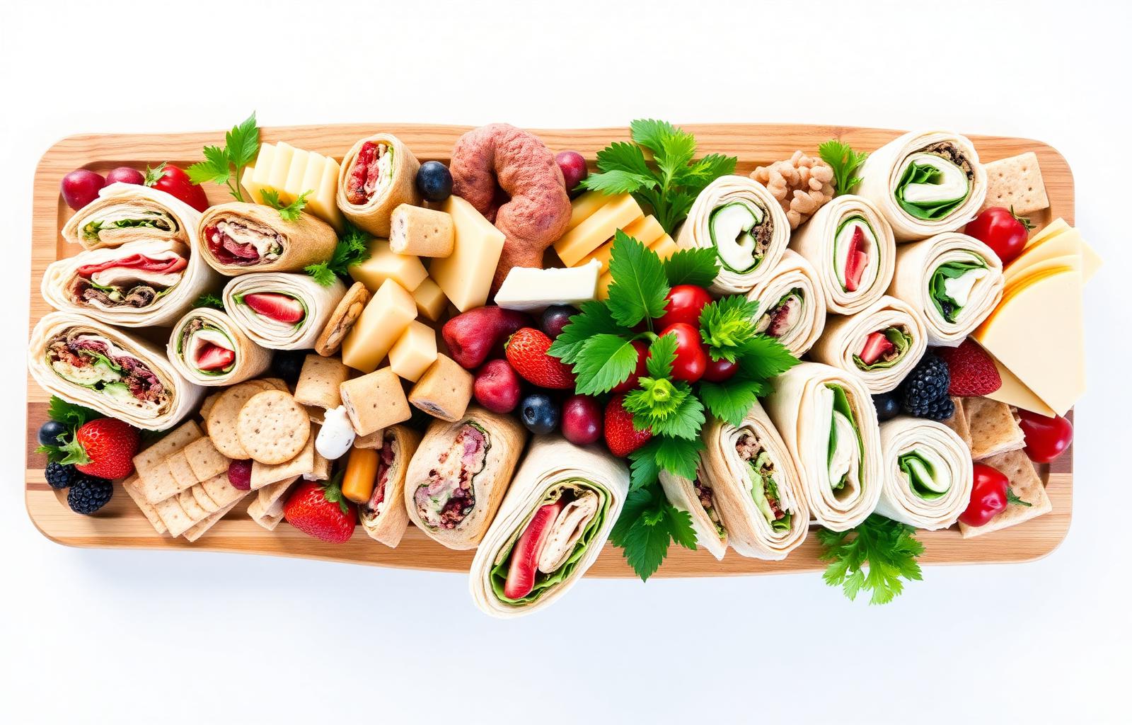 Catering platter with wraps, cheese, fruit and crackers
