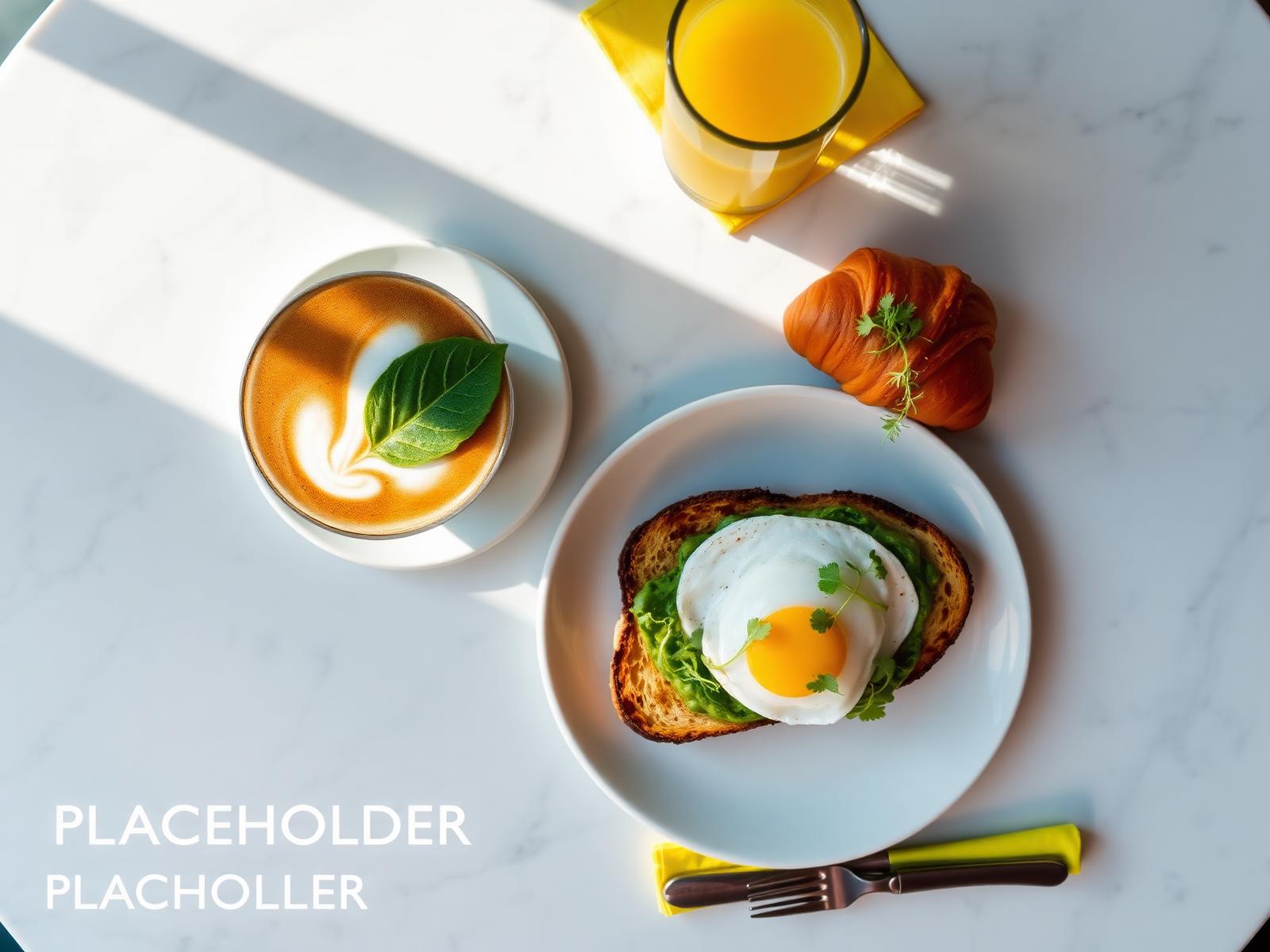 Fresh cafe brunch — coffee, avocado toast with poached egg and a croissant on a marble table